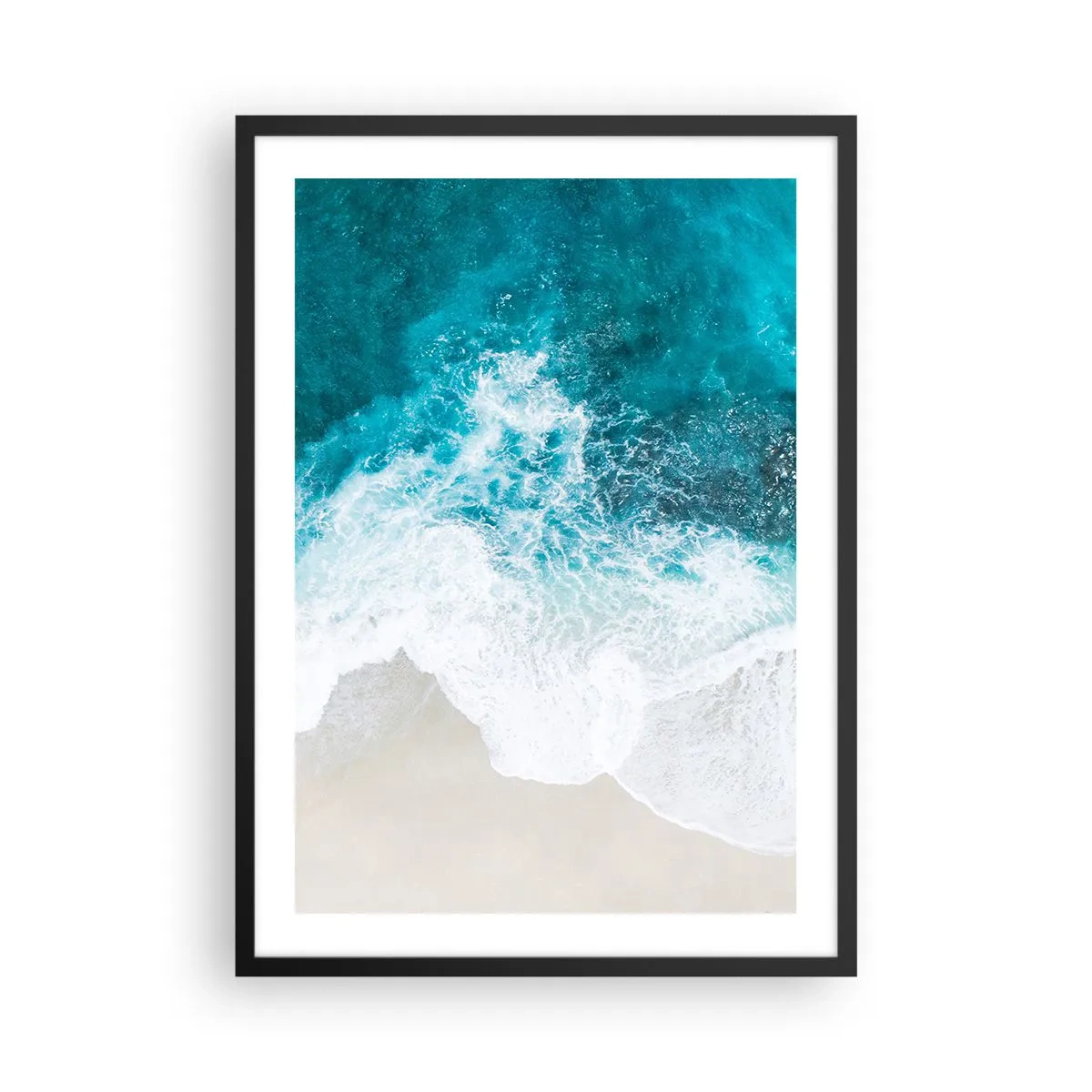 Poster în ramă neagră - Vedere aeriană a valurilor turcoaz care se izbesc de o plajă nisipoasă - 50x70cm - Mângâiere naturală - Decorațiune modernă pentru perete pentru living și dormitor ARTTOR