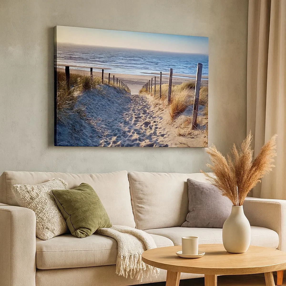 Tablou pe pânză Canvas - Calea prin dune care duce la plajă - 70x50cm - Zumzet de mare, o plajă sălbatică printre ierburi... - Decorațiune modernă pentru perete pentru living și dormitor ARTTOR