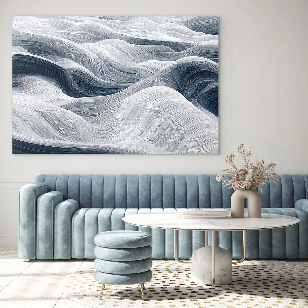 Tablou pe sticlă - Valuri abstracte în nuanțe de alb și albastru, creând un efect de mișcare - 70x50cm - Valuri albastre și albe - Decorațiune modernă pentru perete pentru living și dormitor ARTTOR