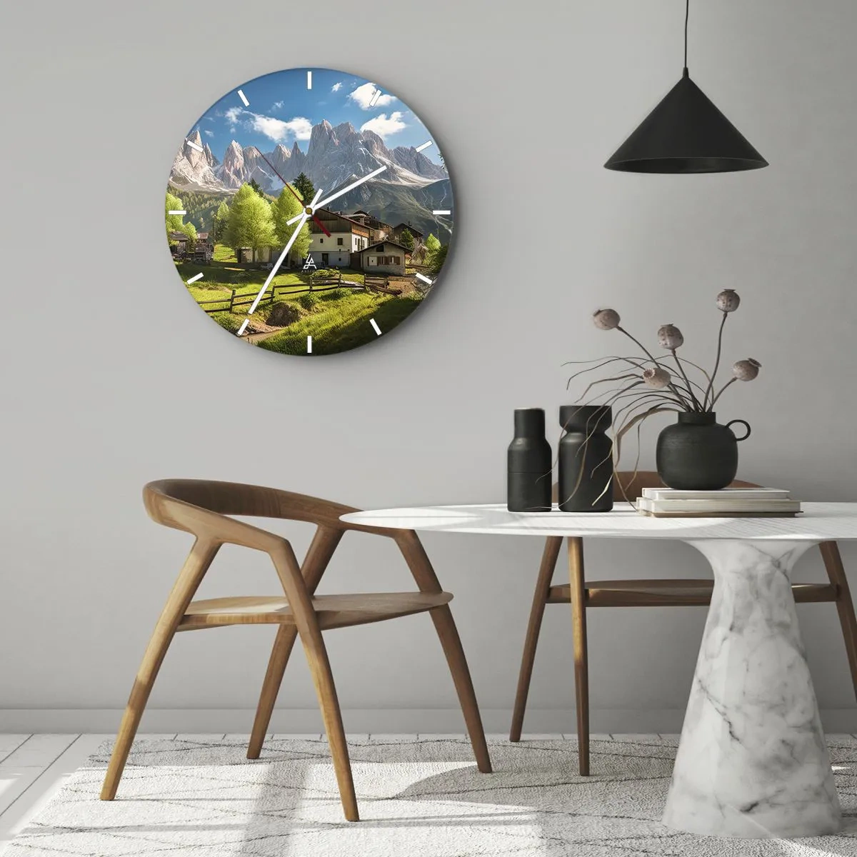 Ceas de perete - Ceas pe sticlă - O așezare rurală la poalele munților într-o zi însorită - 30x30cm - Idilă alpină - Decorațiune modernă pentru perete pentru living, bucătărie și dormitor ARTTOR