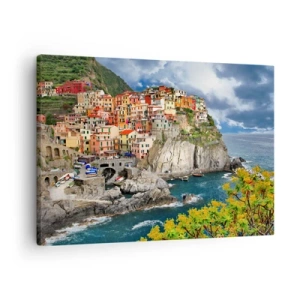 Tablou pe pânză Canvas - Case colorate pe o stâncă cu vedere la mare în Cinque Terre - 70x50cm - Îmbrățișați de stânci - Decorațiune modernă pentru perete pentru living și dormitor ARTTOR