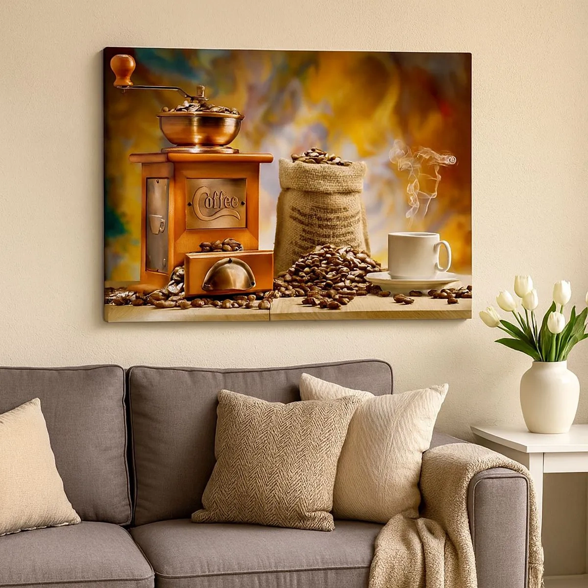 Tablou pe pânză Canvas - Râșniță de cafea cu boabe și o ceașcă pe fundal - 70x50cm - Zdrăngănitul boabelor, zgomotul morii - Decorațiune modernă pentru perete pentru living și dormitor ARTTOR