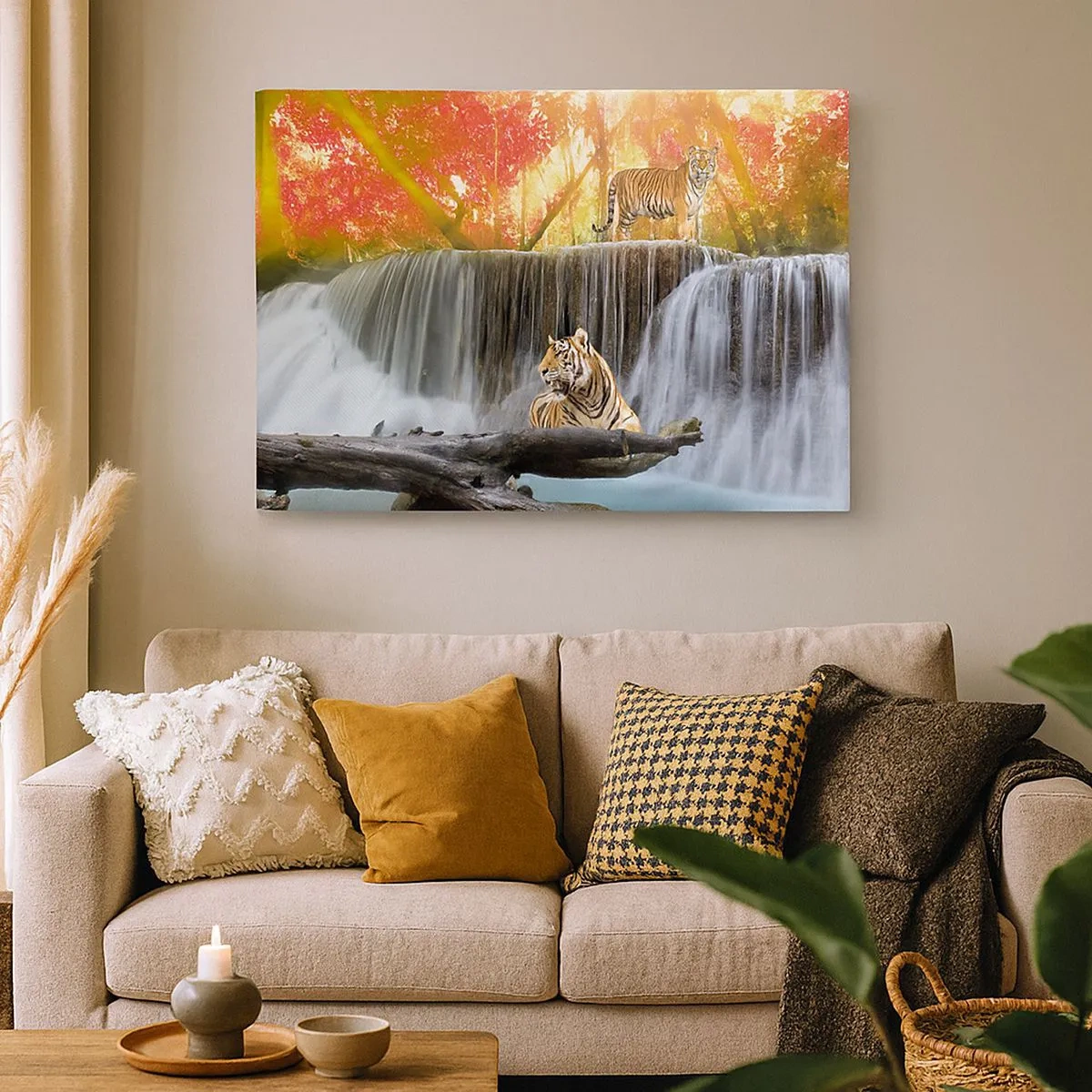 Tablou pe pânză Canvas - Tigri la o cascadă în pădurea de toamnă - 70x50cm - Peisaj suprarealist    - Decorațiune modernă pentru perete pentru living și dormitor ARTTOR