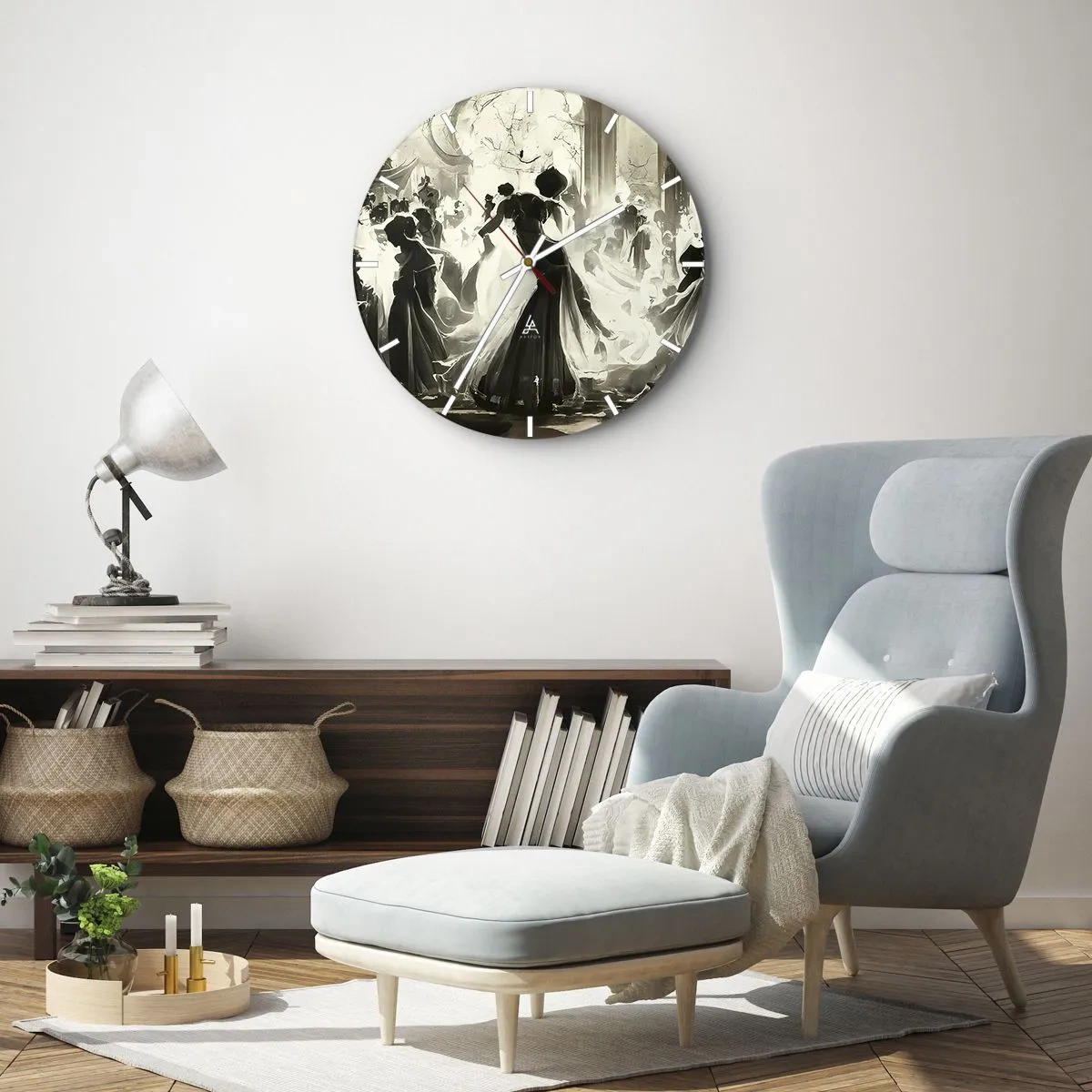 Ceas de perete - Ceas pe sticlă - Figuri mascate de sală de bal dansând într-un interior elegant - 30x30cm - Marea mascaradă - Decorațiune modernă pentru perete pentru living, bucătărie și dormitor ARTTOR