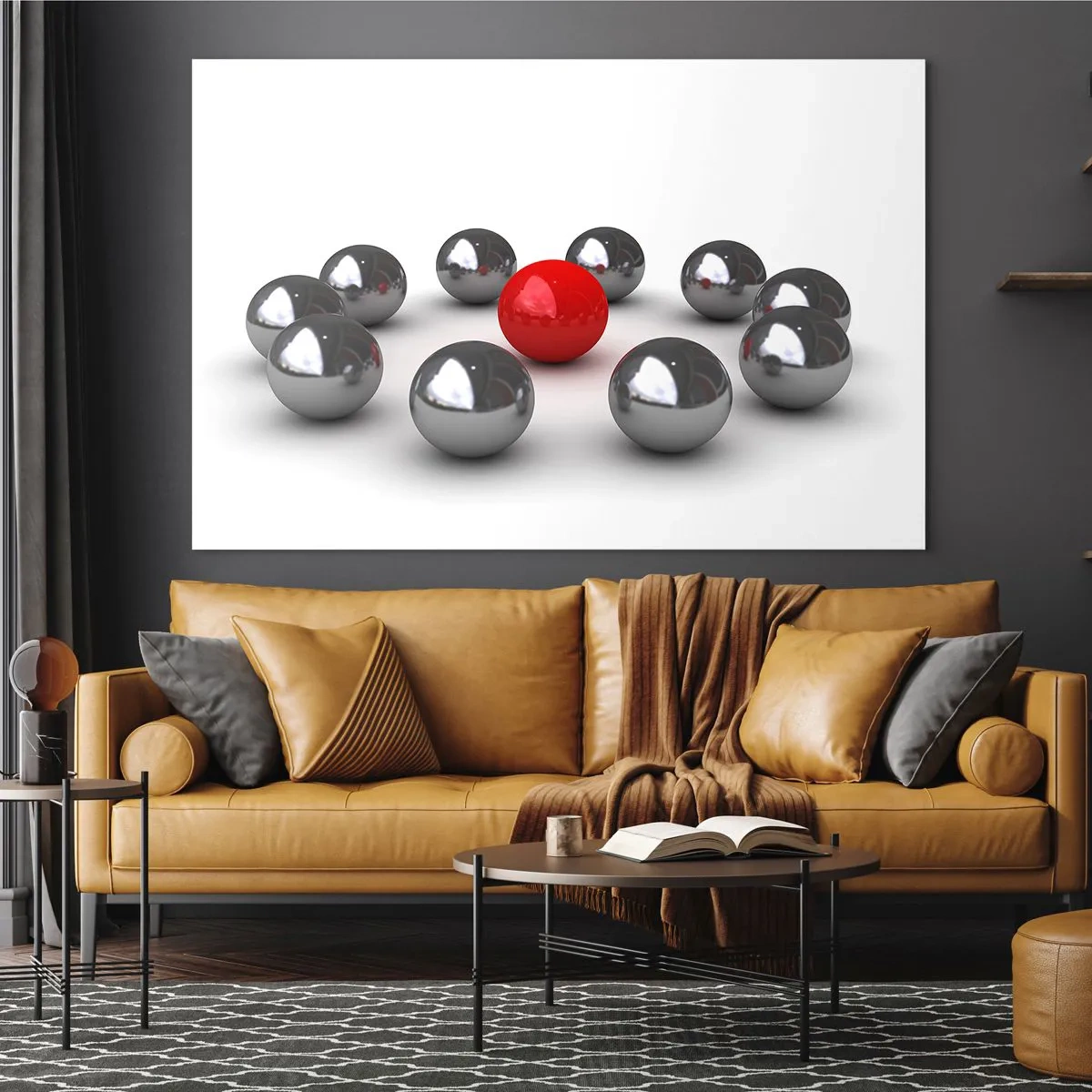 Tablou pe sticlă - O minge roșie înconjurată de argint pe un fundal alb - 70x50cm - Cerc în argintiu și roșu - Decorațiune modernă pentru perete pentru living și dormitor ARTTOR