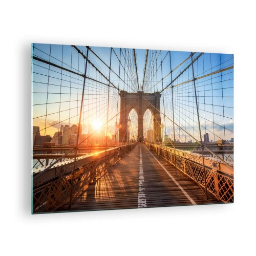 Tablou pe sticlă - Apus de soare pe podul Brooklyn din New York - 70x50cm - Pe podul de aur - Decorațiune modernă pentru perete pentru living și dormitor ARTTOR