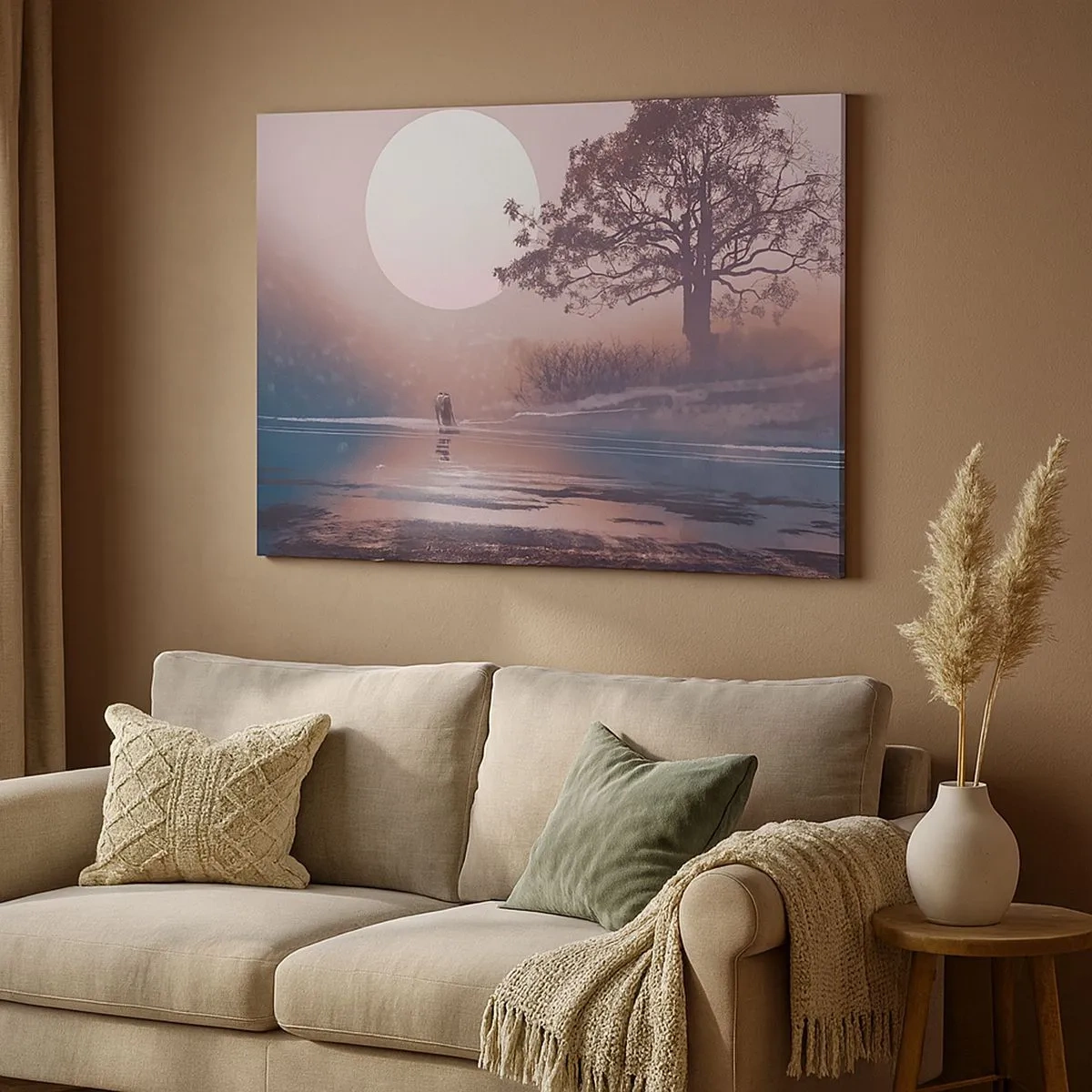 Tablou pe pânză Canvas - Scenă romantică cu luna și un copac lângă apă - 70x50cm - Minuni nocturne - Decorațiune modernă pentru perete pentru living și dormitor ARTTOR
