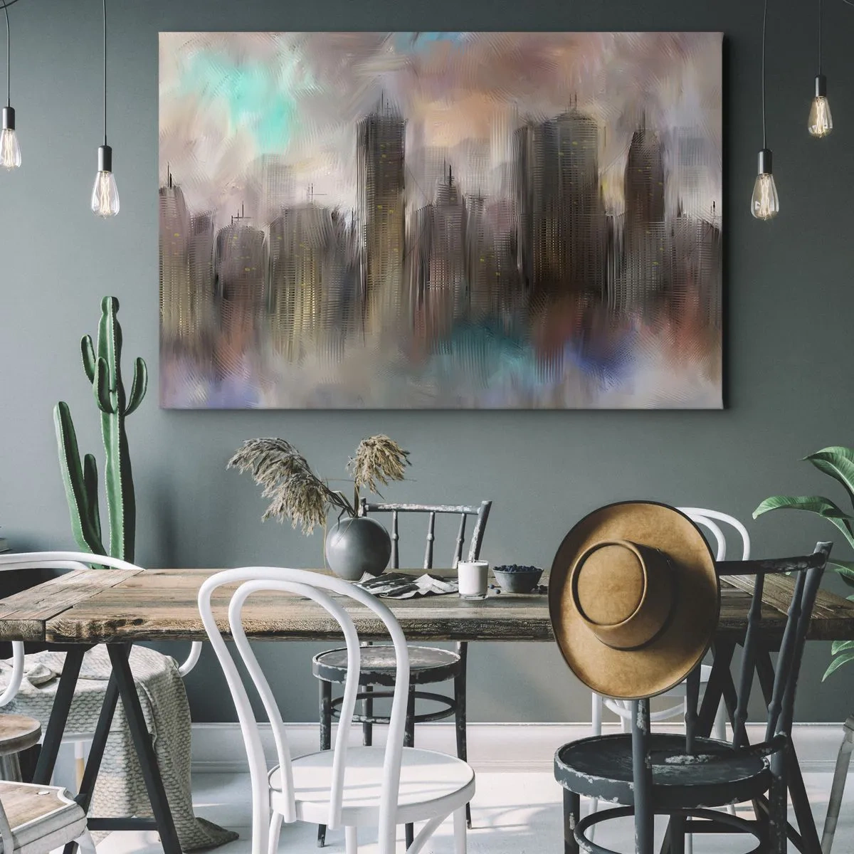 Tablou pe pânză Canvas - O viziune artistică a unui peisaj urban cu zgârie-nori în culori pastelate. - 70x50cm - O compoziție de oțel, piatră și ceață - Decorațiune modernă pentru perete pentru living și dormitor ARTTOR