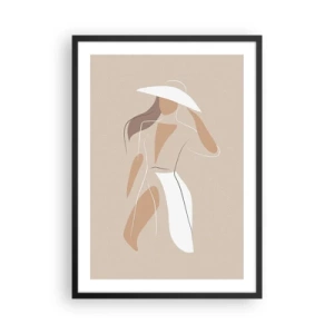 Poster în ramă neagră - O siluetă minimalistă a unei femei cu pălărie pe un fundal bej. - 50x70cm - Moda este distractivă - Decorațiune modernă pentru perete pentru living și dormitor ARTTOR