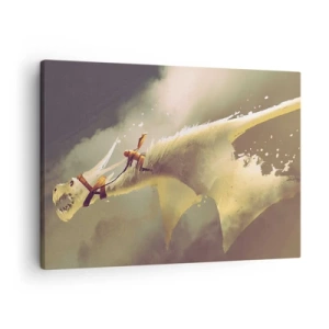 Tablou pe pânză Canvas - Ilustrație a unui călăreț de dragon într-un peisaj fantezist cu nori - 70x50cm - Salvăm lumea - Decorațiune modernă pentru perete pentru living și dormitor ARTTOR