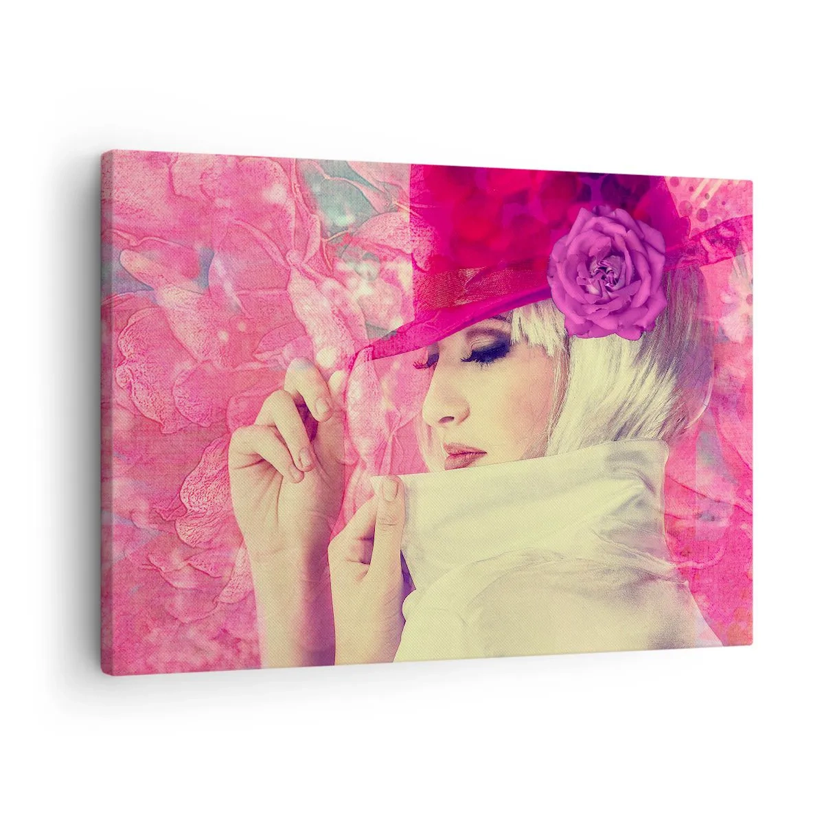 Tablou pe pânză Canvas - Femeie elegantă într-o pălărie roz cu o floare - 70x50cm - Portret retro în roz - Decorațiune modernă pentru perete pentru living și dormitor ARTTOR