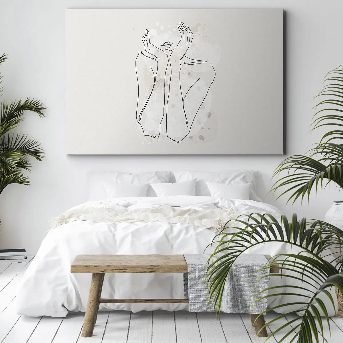 Tablou pe pânză Canvas - Linie de contur care arată mâinile unei femei pe un fundal deschis la culoare - 70x50cm - Un moment pentru vis - Decorațiune modernă pentru perete pentru living și dormitor ARTTOR