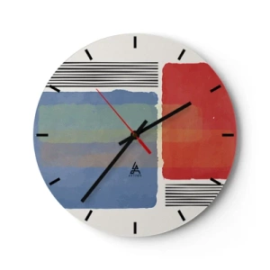 Ceas de perete - Ceas pe sticlă - Dreptunghiuri și linii abstracte colorate pe un fundal deschis - 30x30cm - Spiritul și litera geometriei - Decorațiune modernă pentru perete pentru living, bucătărie și dormitor ARTTOR