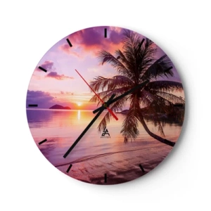 Ceas de perete - Ceas pe sticlă - Palmier pe malul mării la apus - 30x30cm - Euforie până la orizont - Decorațiune modernă pentru perete pentru living, bucătărie și dormitor ARTTOR