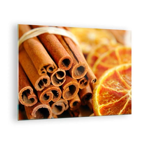 Tablou pe sticlă - Prim-plan cu bețișoare de scorțișoară și felii de portocale uscate - 70x50cm - Poți să le simți aroma? - Decorațiune modernă pentru perete pentru living și dormitor ARTTOR