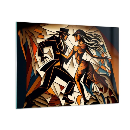 Tablou pe sticlă - Un cuplu stilizat dansând într-o formă abstractă dinamică. - 70x50cm - Dans cu pasiune - Decorațiune modernă pentru perete pentru living și dormitor ARTTOR