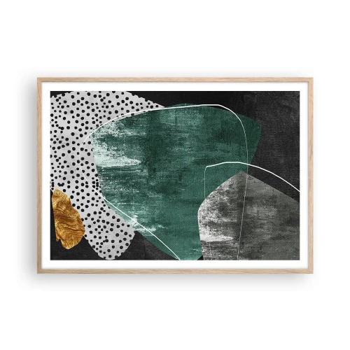 Poster în ramă de stejar deschis - Abstracție colorată cu fulgi de aur - 100x70 cm