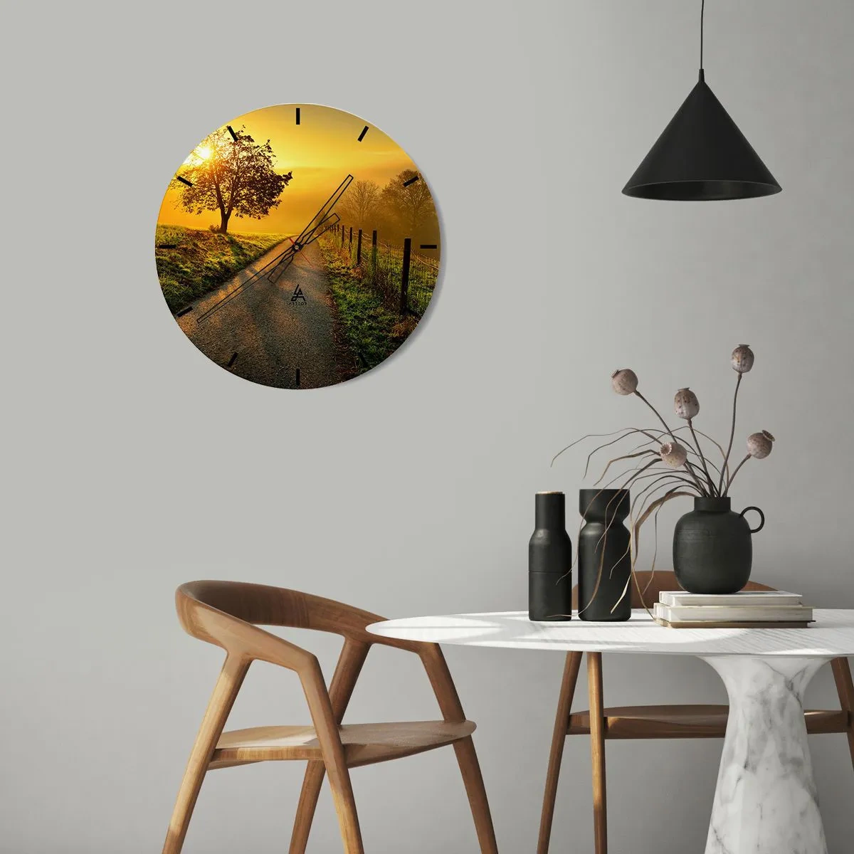 Ceas de perete - Ceas pe sticlă - Drumul este luminat de razele soarelui de dimineață - 30x30cm - O după-amiază de miel - Decorațiune modernă pentru perete pentru living, bucătărie și dormitor ARTTOR