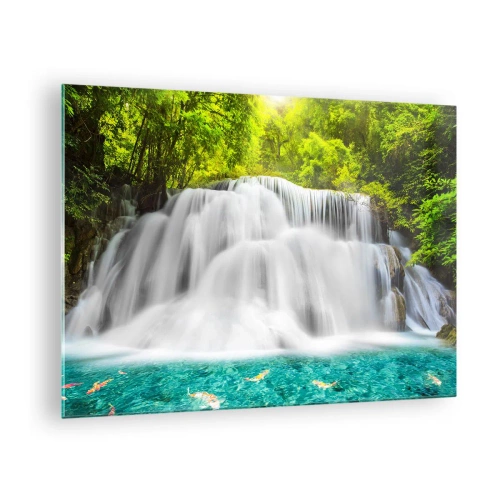 Tablou pe sticlă - O cascadă înconjurată de verdeață cu apă cristalină - 70x50cm - O cascadă spumoasă de la verde la azur - Decorațiune modernă pentru perete pentru living și dormitor ARTTOR