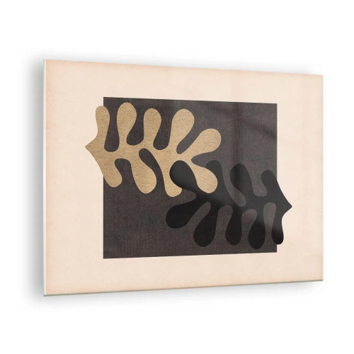 Tablou pe sticlă - Forme abstracte în negru și bej pe un fundal geometric - 70x50cm - Absență și completare - Decorațiune modernă pentru perete pentru living și dormitor ARTTOR