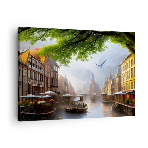 Tablou pe pânză Canvas - Un peisaj olandez pitoresc cu un canal și case de tip bloc - 70x50cm - Peisaj urban olandez - Decorațiune modernă pentru perete pentru living și dormitor ARTTOR