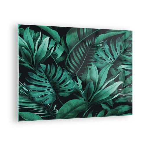 Tablou pe sticlă - Frunze verzi luxuriante într-o compoziție tropicală - 70x50cm - Profunzimea verdelui tropical - Decorațiune modernă pentru perete pentru living și dormitor ARTTOR