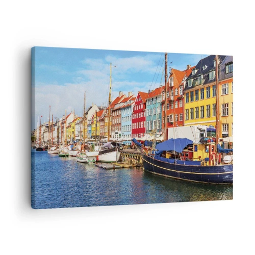 Tablou pe pânză Canvas - Case colorate pe canal cu bărci la soare - 70x50cm - Portul vesel - Decorațiune modernă pentru perete pentru living și dormitor ARTTOR
