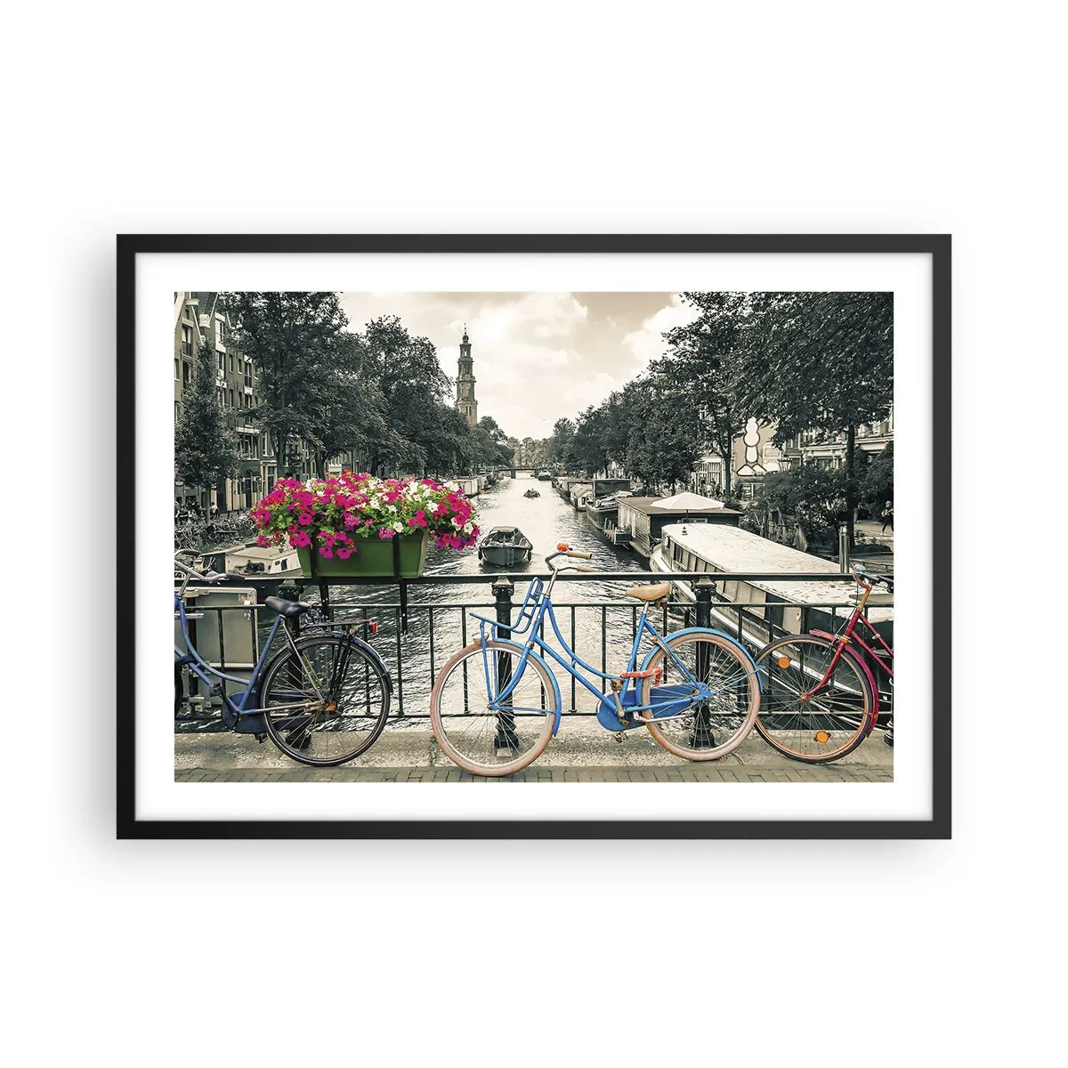 Poster în ramă neagră - Culorile unui canal din Amsterdam - 70x50 cm