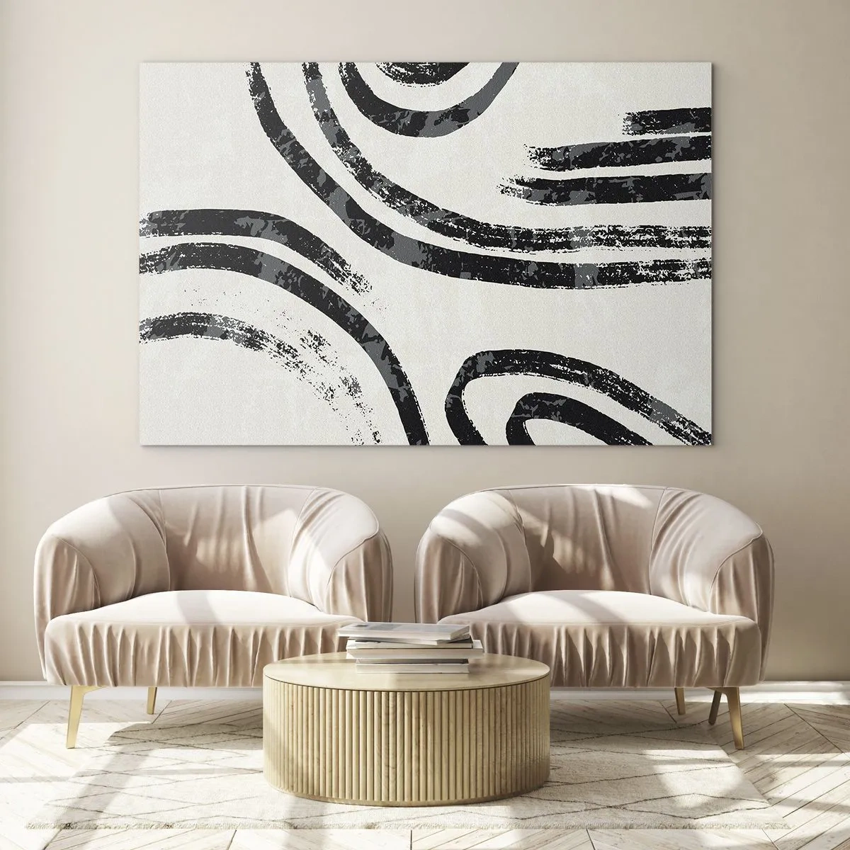 Tablou pe sticlă - Linii semicirculare negre într-o abstracție minimalistă pe un fundal deschis - 70x50cm - Pe jumătate oprit - Decorațiune modernă pentru perete pentru living și dormitor ARTTOR