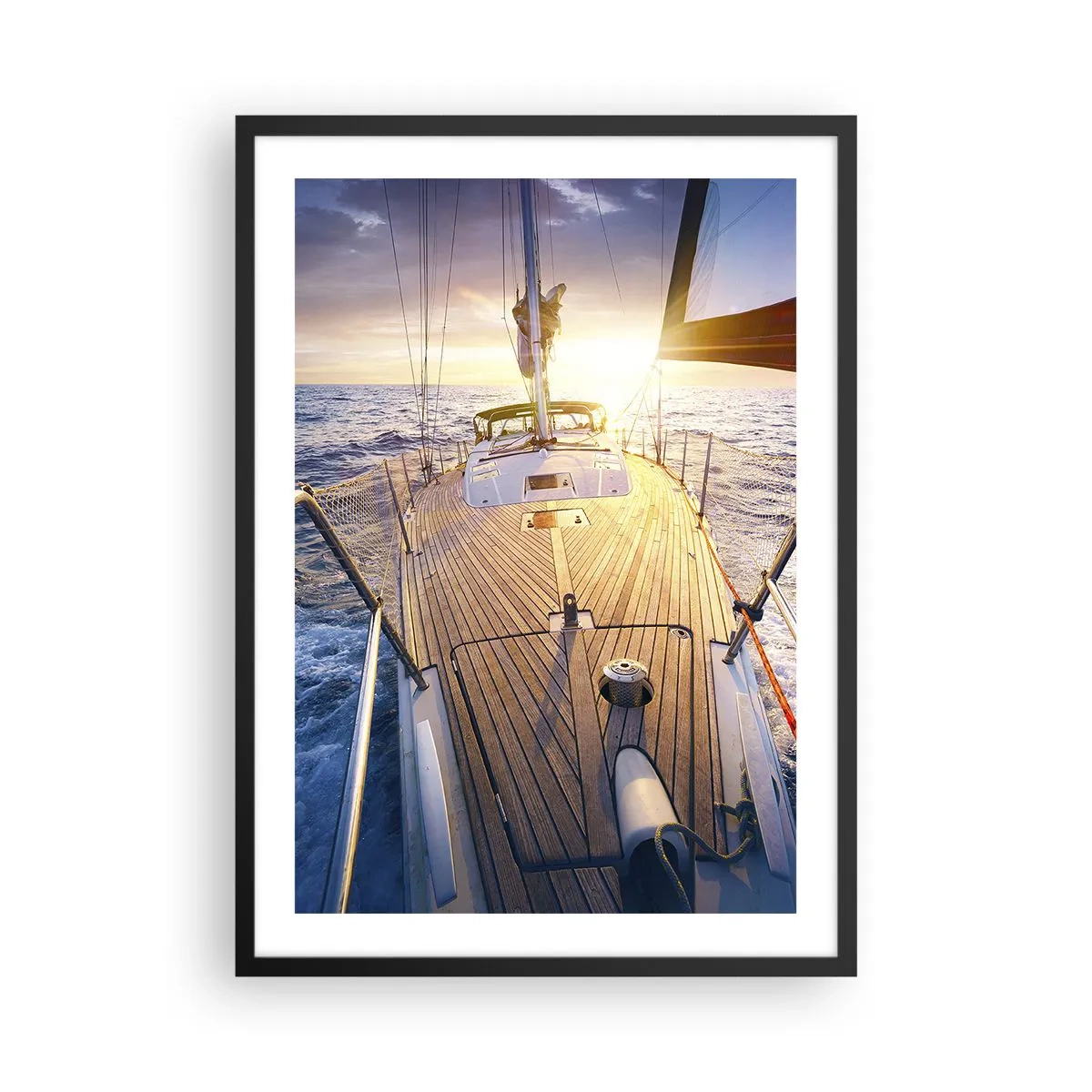 Poster în ramă neagră - Punte de iaht cu vedere la ocean și apus - 50x70cm - Alergând pe valuri - Decorațiune modernă pentru perete pentru living și dormitor ARTTOR