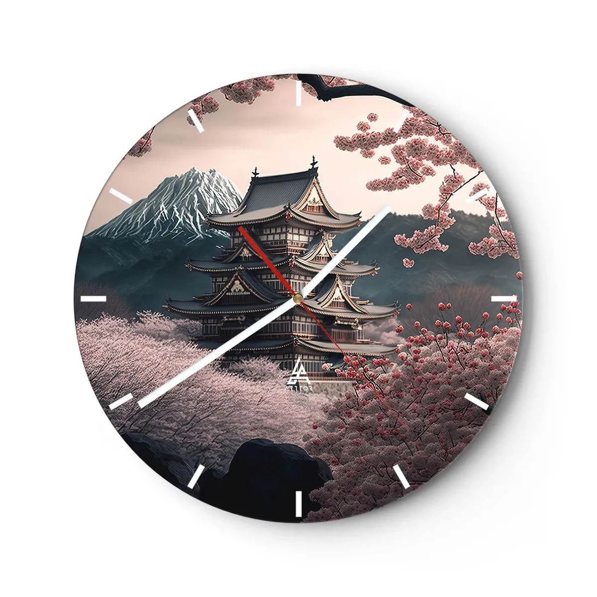 Ceas de perete - Ceas pe sticlă - O pagodă tradițională printre flori de cireș, cu un munte în fundal - 30x30cm - Țara florilor de cireș - Decorațiune modernă pentru perete pentru living, bucătărie și dormitor ARTTOR