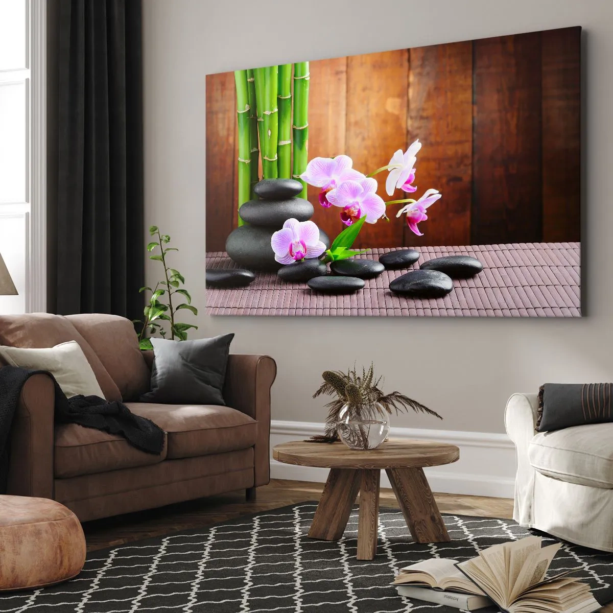 Tablou pe pânză Canvas - Bambus în stil Zen, pietre și orhidee roz pe un fundal de lemn - 70x50cm - Experimentați deliciile Orientului - Decorațiune modernă pentru perete pentru living și dormitor ARTTOR