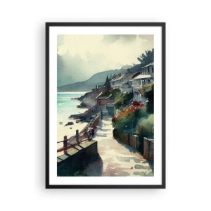 Poster în ramă neagră - O pitorească alee de coastă în stil acuarelă - 50x70cm - Orășel mediteraneean - Decorațiune modernă pentru perete pentru living și dormitor ARTTOR