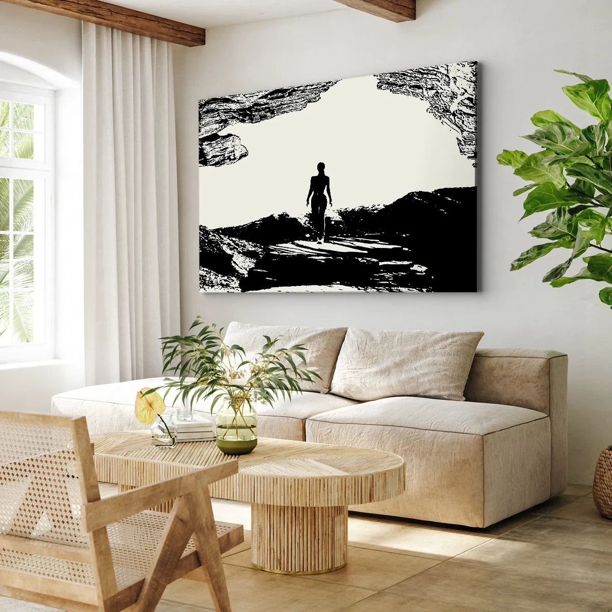 Tablou pe pânză Canvas - Siluetă alb-negru a unei femei într-o peșteră pe fundalul cerului - 70x50cm - O nouă înfățișare - Decorațiune modernă pentru perete pentru living și dormitor ARTTOR