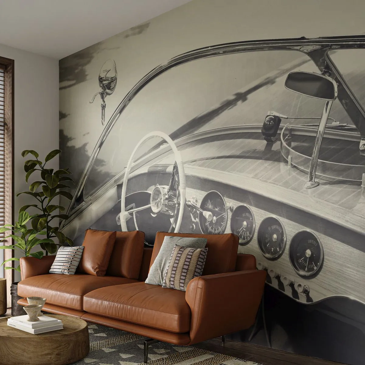 Tapet Premium Canvas - E timpul pentru cei bogați - Barcă de epocă, Barcă cu motor, alb-negru - 450x315 cm