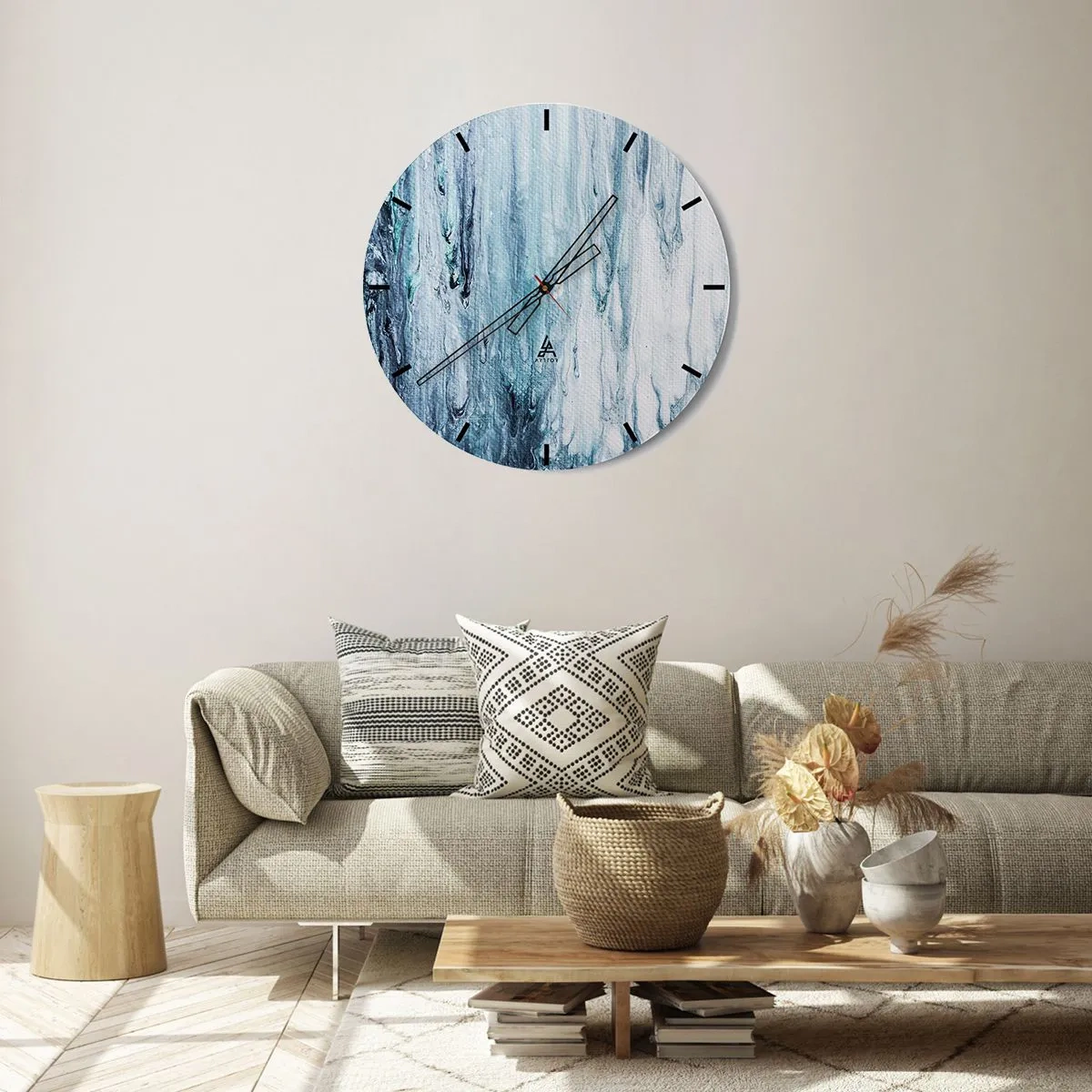 Ceas de perete - Ceas pe sticlă - Cascadă abstractă în nuanțe de albastru - 30x30cm - Țurțuri de albastru - Decorațiune modernă pentru perete pentru living, bucătărie și dormitor ARTTOR