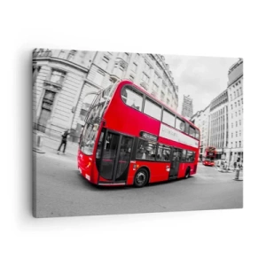 Tablou pe pânză Canvas - Un autobuz roșu londonez pe o stradă alb-negru - 70x50cm - Londra în mod tradițional - by bus - Decorațiune modernă pentru perete pentru living și dormitor ARTTOR
