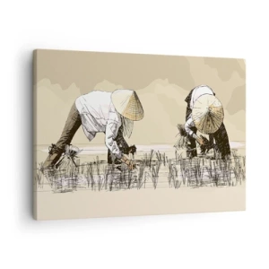 Tablou pe pânză Canvas - Fermieri care lucrează într-un câmp de orez purtând o coafură tradițională - 70x50cm - O recoltă reușită - Decorațiune modernă pentru perete pentru living și dormitor ARTTOR