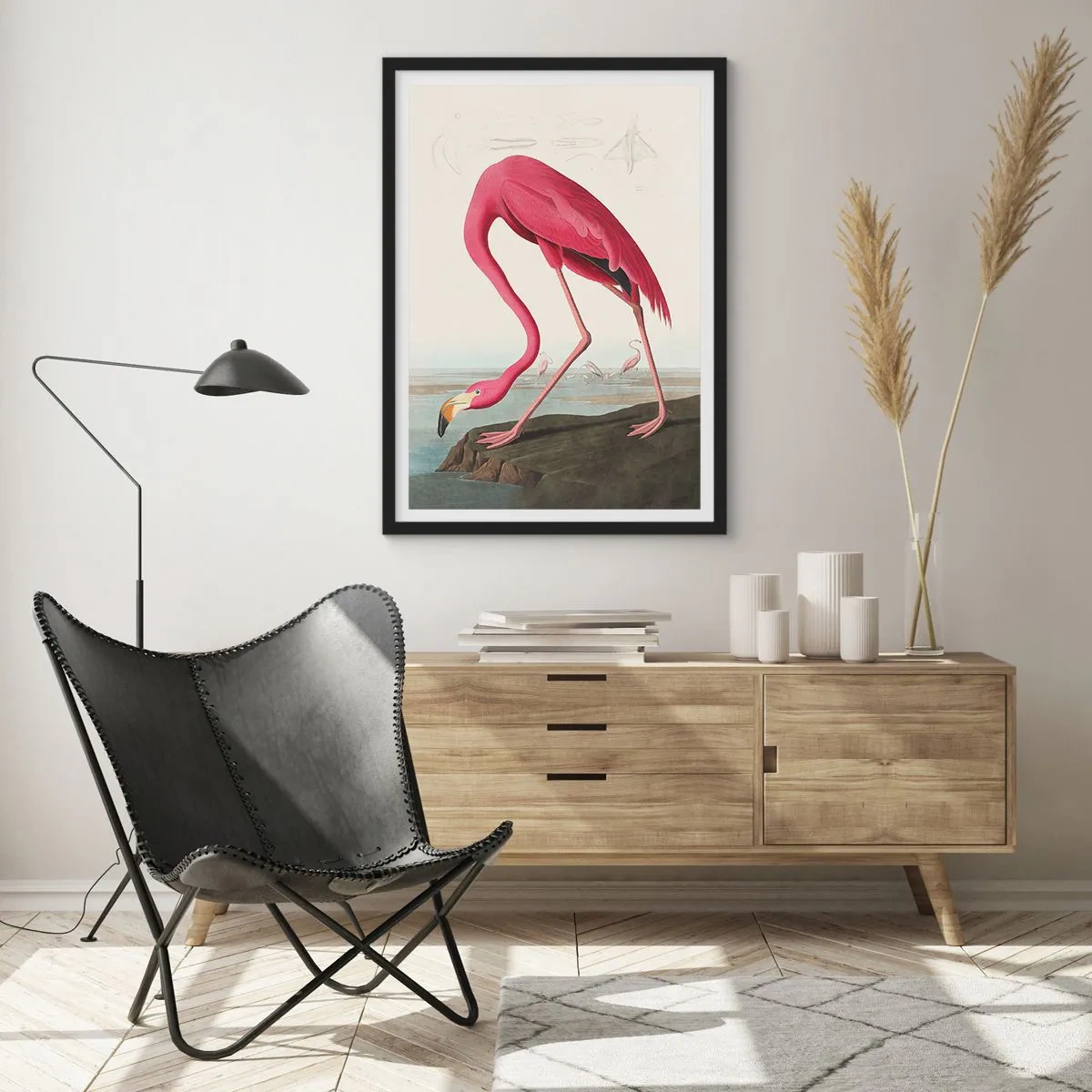 Poster în ramă neagră - Un flamingo roz pe fundalul unui peisaj natural - 50x70cm - O creatură uimitoare - Decorațiune modernă pentru perete pentru living și dormitor ARTTOR