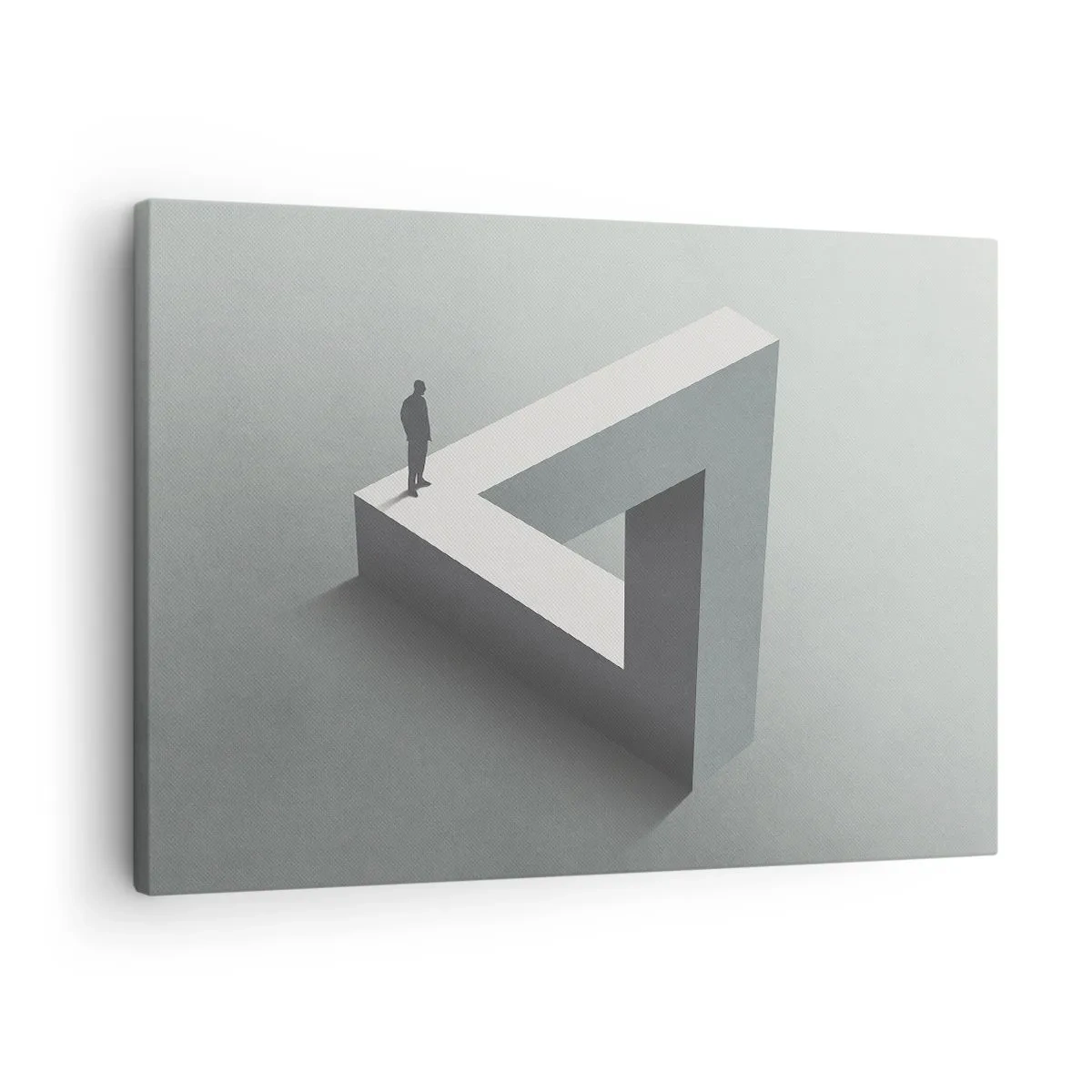Tablou pe pânză Canvas - O figură stând pe un triunghi Penrose în nuanțe de gri. - 70x50cm - Și totuși este posibil - Decorațiune modernă pentru perete pentru living și dormitor ARTTOR