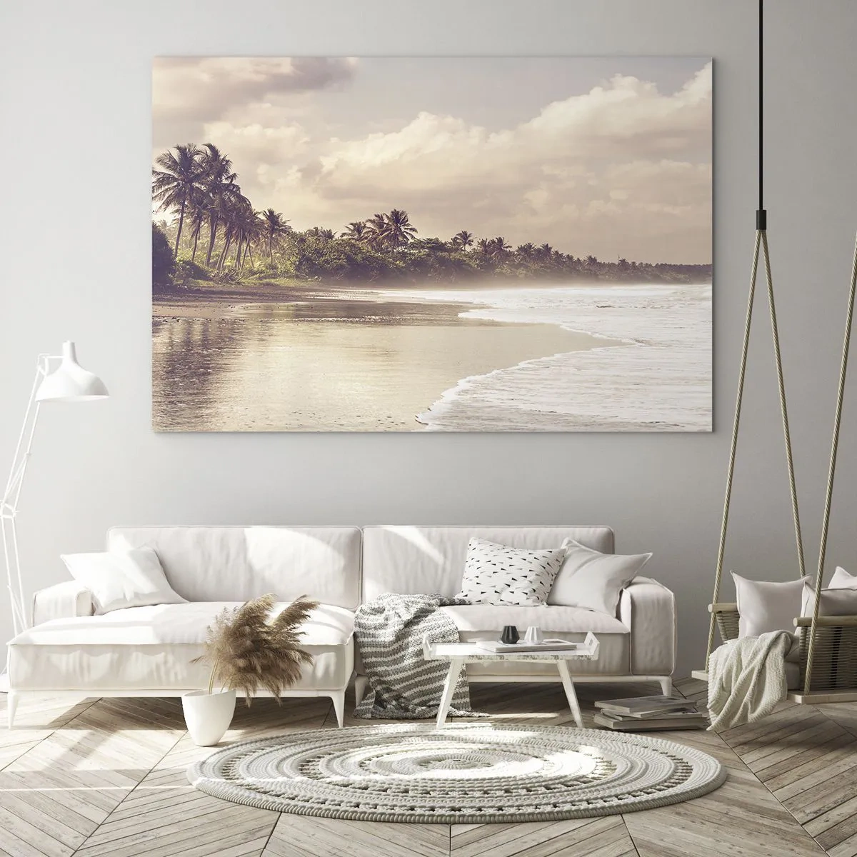 Tablou pe sticlă - O plajă aurie cu palmieri și un ocean calm în lumina blândă - 70x50cm - Mângâind valurile - Decorațiune modernă pentru perete pentru living și dormitor ARTTOR