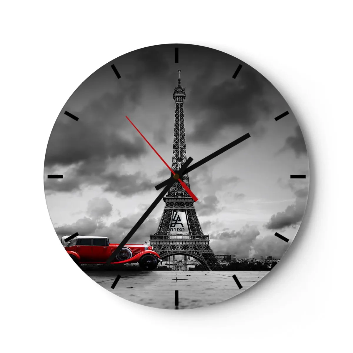 Ceas de perete - Ceas pe sticlă - Turnul Eiffel cu o mașină retro roșie - 30x30cm - Nu cu mult timp în urmă, la Paris - Decorațiune modernă pentru perete pentru living, bucătărie și dormitor ARTTOR