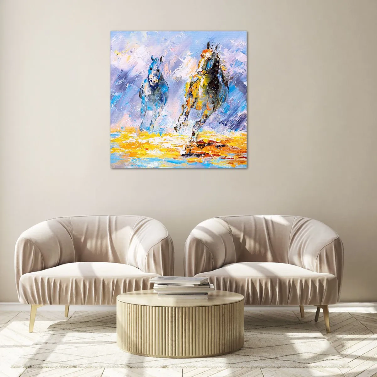 Tablou pe sticlă - Galopând prin strălucire - 60x60 cm