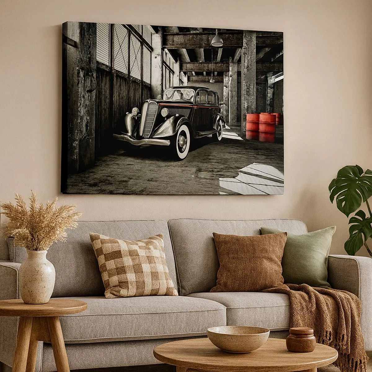 Tablou pe pânză Canvas - Mașină retro elegantă într-un depozit de materii prime - 70x50cm - Eleganța eternă a anilor `30 - Decorațiune modernă pentru perete pentru living și dormitor ARTTOR