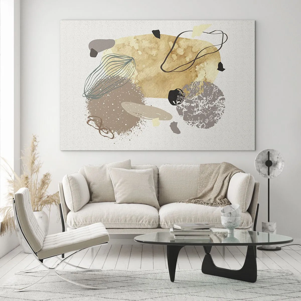 Tablou pe sticlă - Abstracție bej și maro cu forme neregulate - 70x50cm - Fluiditatea aplicată - Decorațiune modernă pentru perete pentru living și dormitor ARTTOR