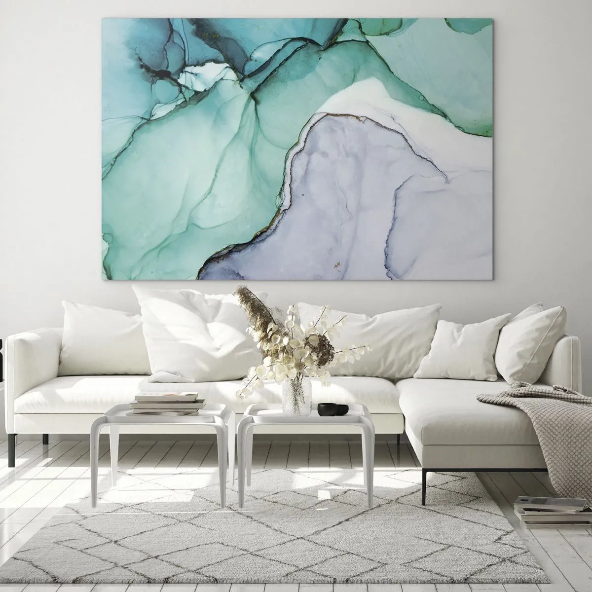 Tablou pe sticlă - pictură abstractă în nuanțe de turcoaz și alb, cu crăpături delicate. - 70x50cm - Studiu în turcoaz - Decorațiune modernă pentru perete pentru living și dormitor ARTTOR