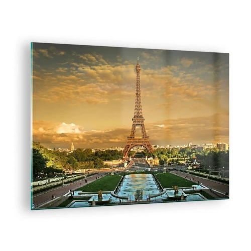 Tablou pe sticlă - Turnul Eiffel înconjurat de grădini pariziene la apus - 70x50cm - Simbolul Parisului - Decorațiune modernă pentru perete pentru living și dormitor ARTTOR