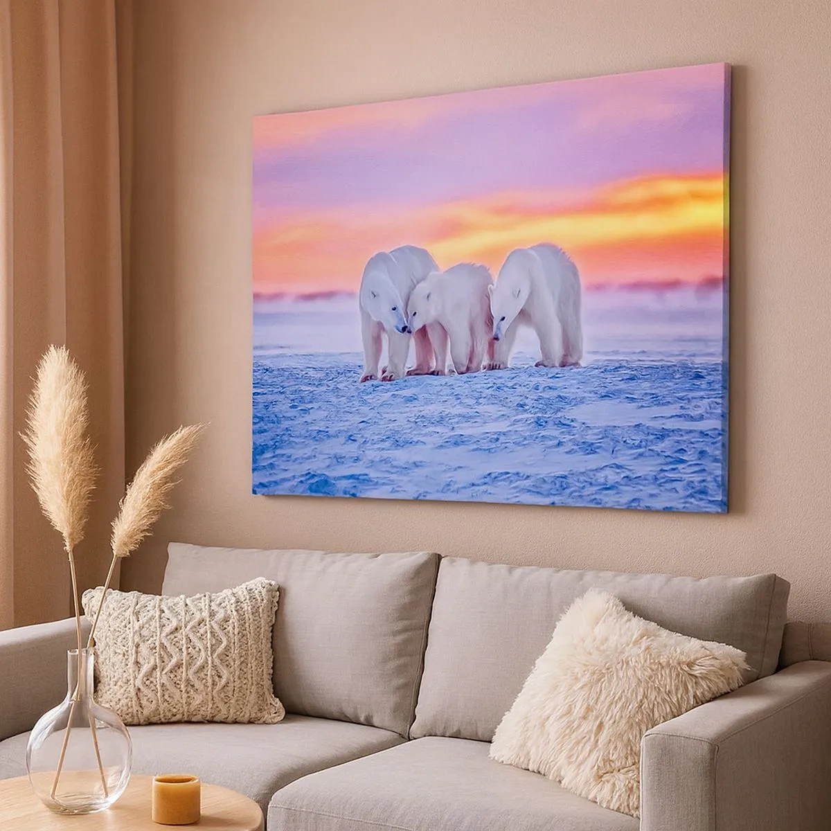 Tablou pe pânză Canvas - Trei urși polari pe fundalul unui apus de soare arctic - 70x50cm - Căldura familiei este suficientă - Decorațiune modernă pentru perete pentru living și dormitor ARTTOR