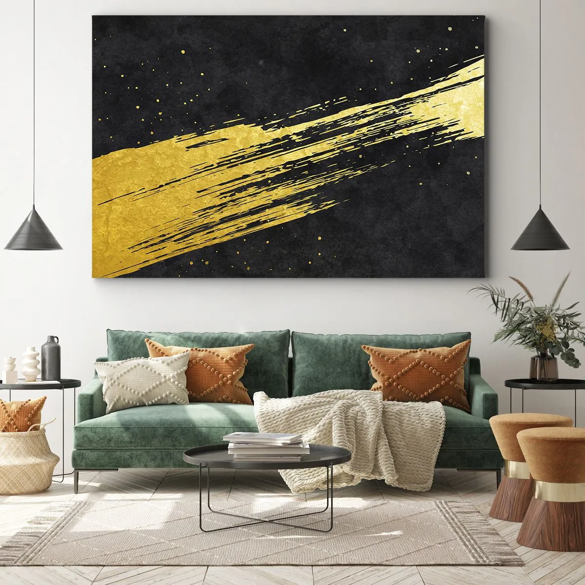 Tablou pe pânză Canvas - Fundal negru cu tușe aurii dinamice - 70x50cm - Salt în hiperspațiu - Decorațiune modernă pentru perete pentru living și dormitor ARTTOR