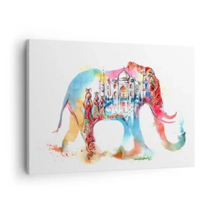 Tablou pe pânză Canvas - Pictură în acuarelă colorată a unui elefant cu motiv Taj Mahal - 70x50cm - India - aura iubirii - Decorațiune modernă pentru perete pentru living și dormitor ARTTOR